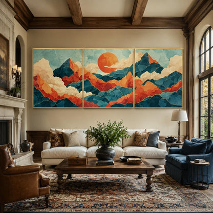 Blue and Orange Sunrise Mountain Triptych Canvas Art – Modern Asian Wall Decor