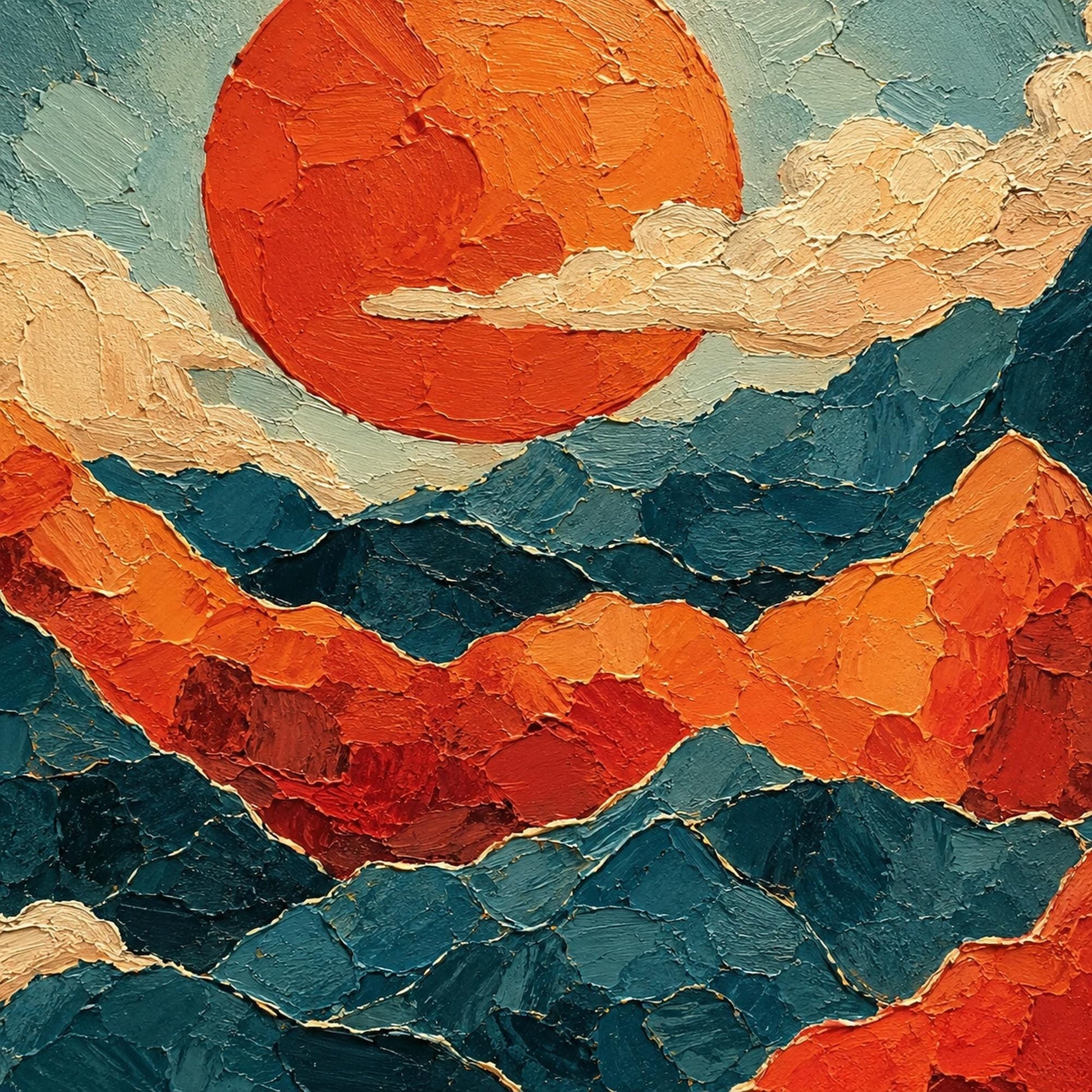 Sunrise Mountain Triptych Painting Clouds Canvas Art Modern Asian Wall Decor – Blue and Orange Sunrise | Painting, view 5