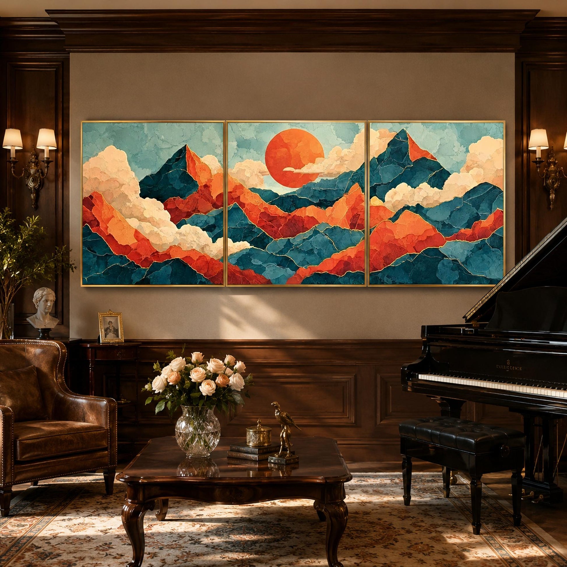 Sunrise Mountain Triptych Painting Clouds Canvas Art Modern Asian Wall Decor – Blue and Orange Sunrise | Painting, view 3