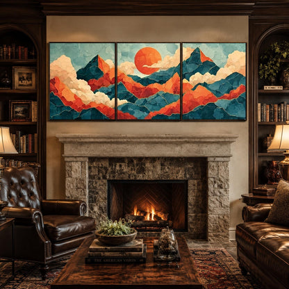 Blue and Orange Sunrise Mountain Triptych Canvas Art – Modern Asian Wall Decor