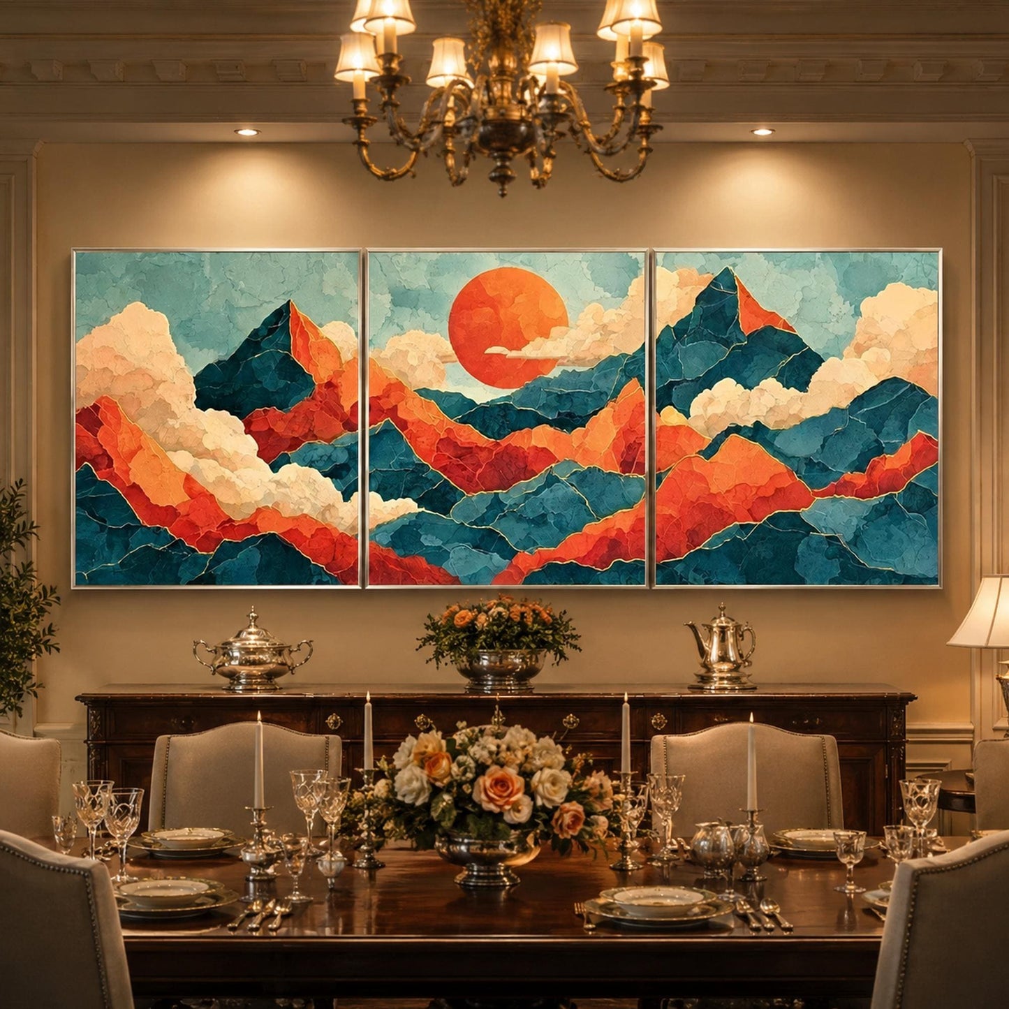 Sunrise Mountain Triptych Painting Clouds Canvas Art Modern Asian Wall Decor – Blue and Orange Sunrise | Painting, view 1