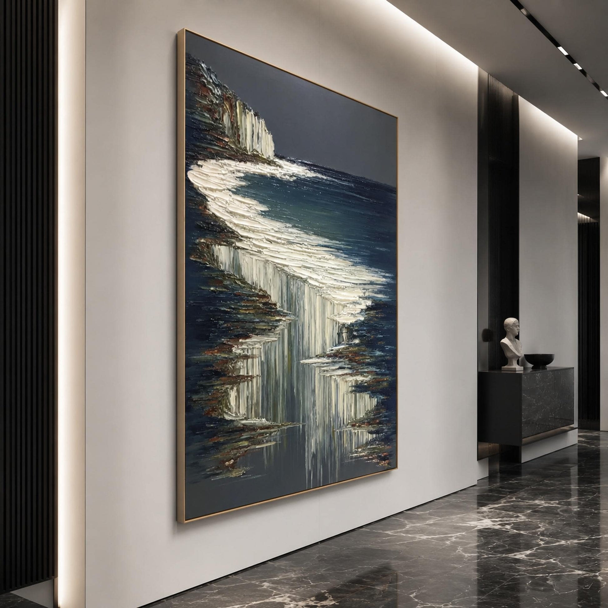 White Cliffs Dark – Navy and White Ocean Wall Art | Impasto Painting, view 2