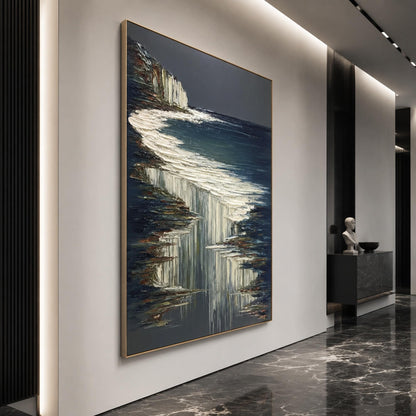 White Cliffs Dark – Navy and White Ocean Wall Art | Impasto Painting, view 2