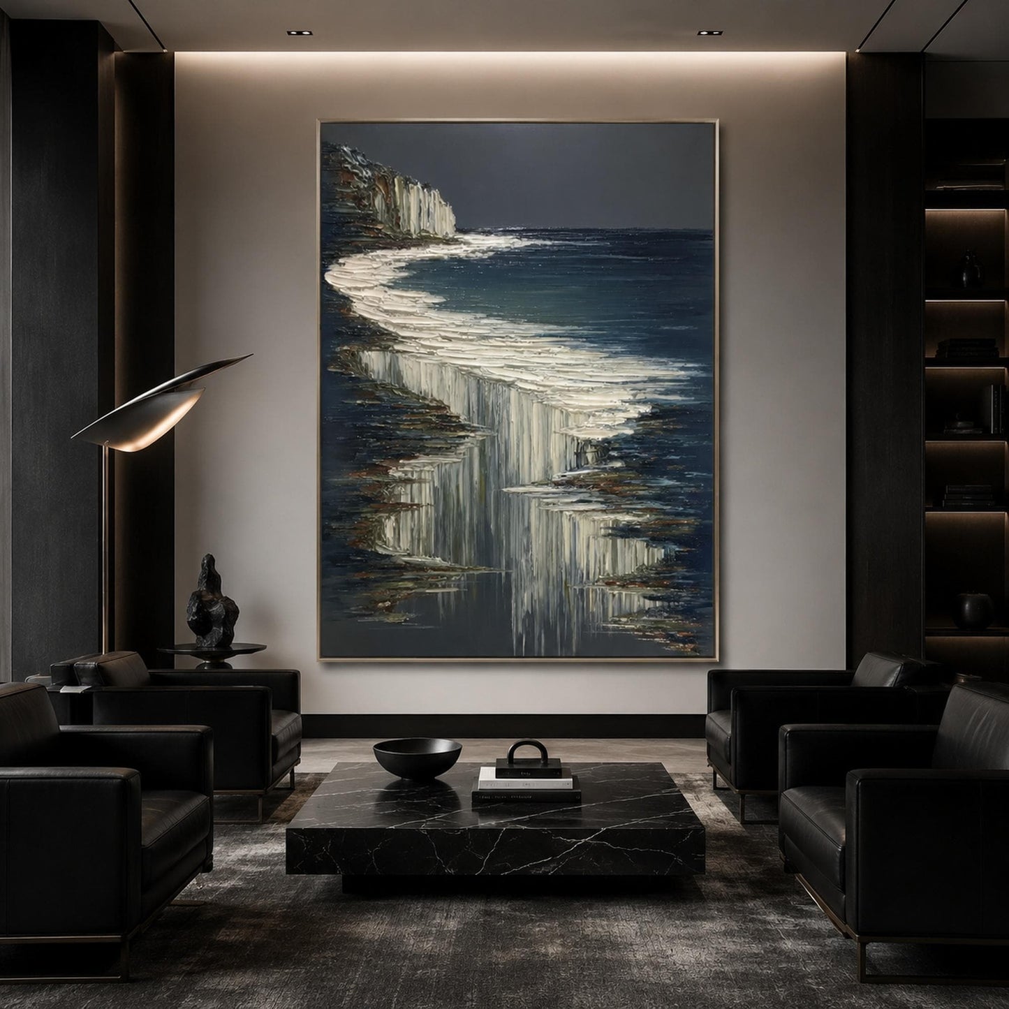 Navy and White Impasto Ocean Wall Art – White Cliffs Dark