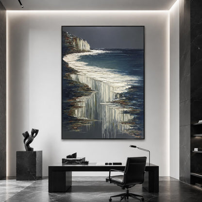 White Cliffs Dark – Navy and White Ocean Wall Art | Impasto Painting, view 1