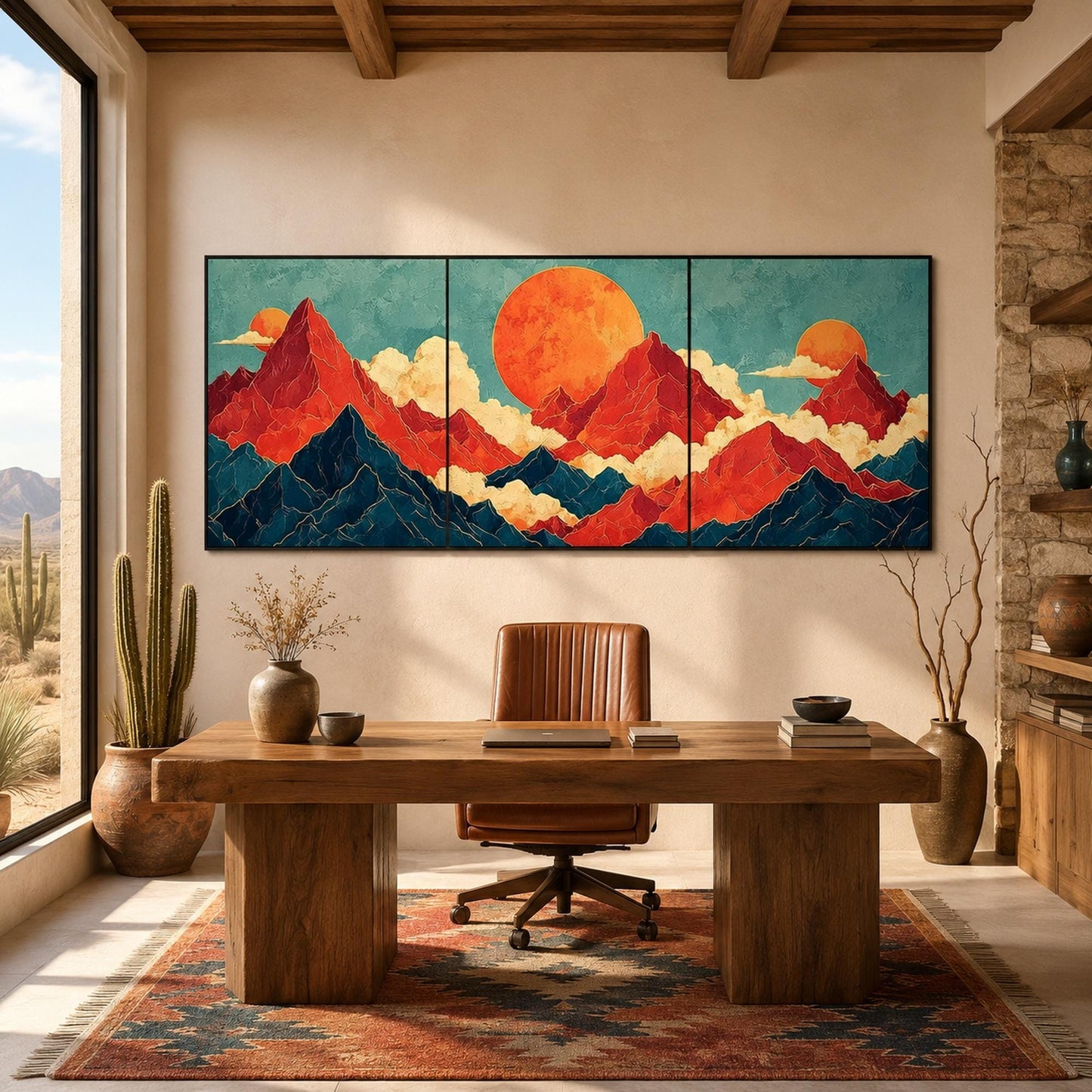 Japanese Mountain Triptych Painting Red Sun Canvas Art Modern Oriental Wall Decor – Teal and Gold Celestial Geometric Wall Ar