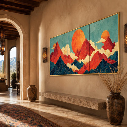 Japanese Mountain Triptych Painting Red Sun Canvas Art Modern Oriental Wall Decor – Teal and Gold Celestial Geometric Wall Ar