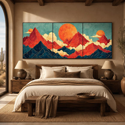 Japanese Mountain Triptych Painting Red Sun Canvas Art Modern Oriental Wall Decor – Teal and Gold Celestial Geometric Wall Ar