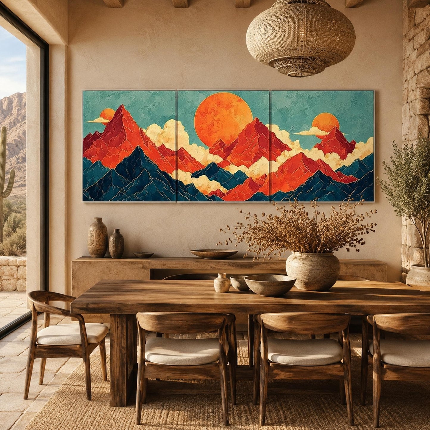 Teal and Gold Celestial Geometric Wall Art – Japanese Mountain Triptych