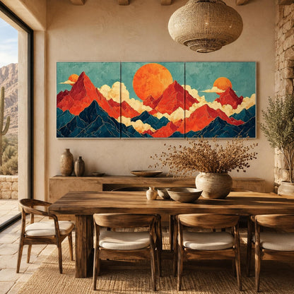 Teal and Gold Celestial Geometric Wall Art – Japanese Mountain Triptych