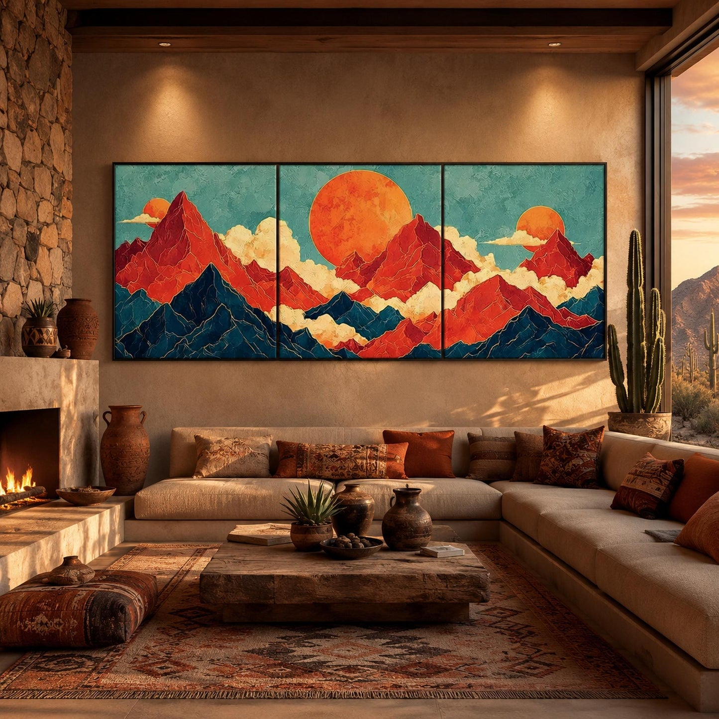Teal and Gold Celestial Geometric Wall Art – Japanese Mountain Triptych