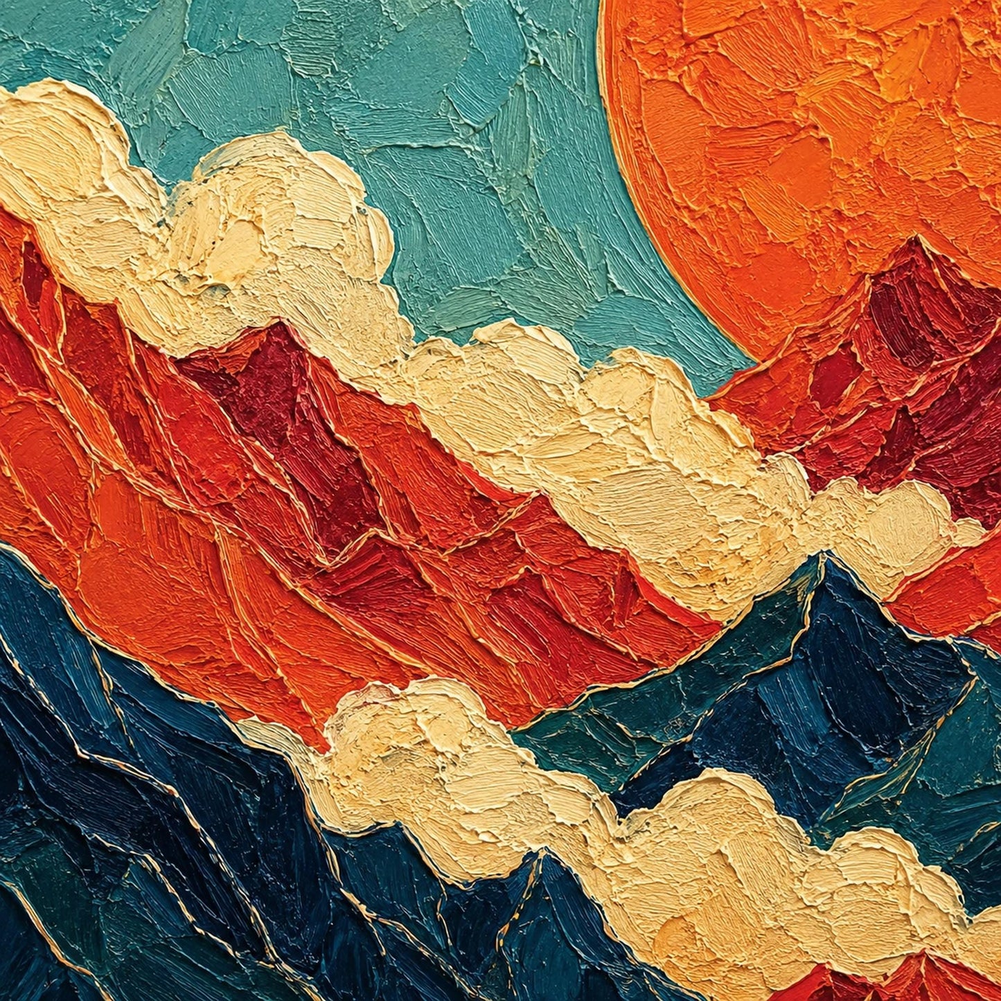 Japanese Mountain Triptych Painting Red Sun Canvas Art Modern Oriental Wall Decor – Teal and Gold Celestial Geometric Wall Ar