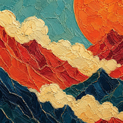 Japanese Mountain Triptych Painting Red Sun Canvas Art Modern Oriental Wall Decor – Teal and Gold Celestial Geometric Wall Ar