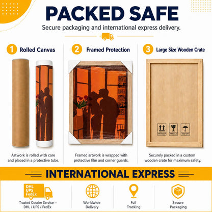 May include: An infographic titled PACKED SAFE showing three shipping methods: a rolled canvas in a protective tube, a framed print with protective film and corner guards, and a large wooden crate. The bottom section displays INTERNATIONAL EXPRESS.