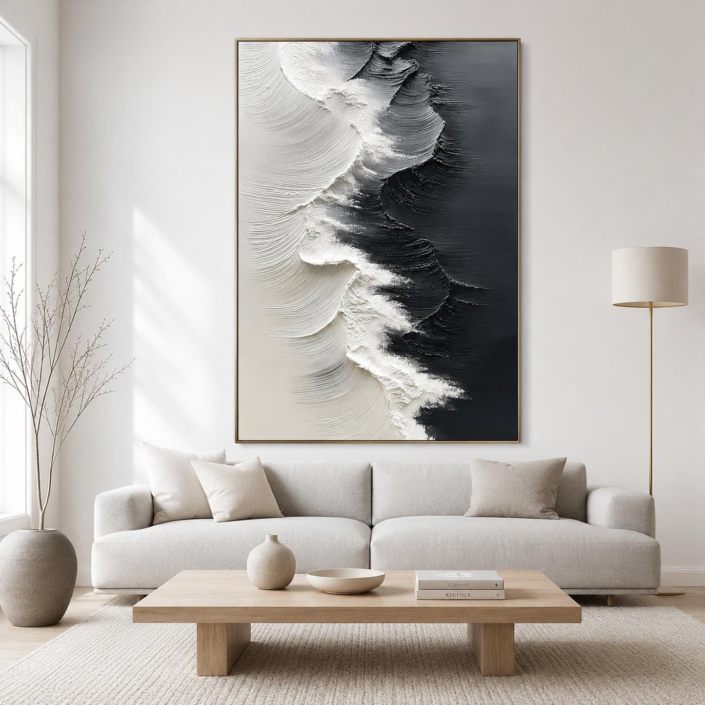 Textured Black and White Ocean Wave Abstract Oil Painting for Modern Coastal Wall Art – Black and White Ocean Wave Seascape W
