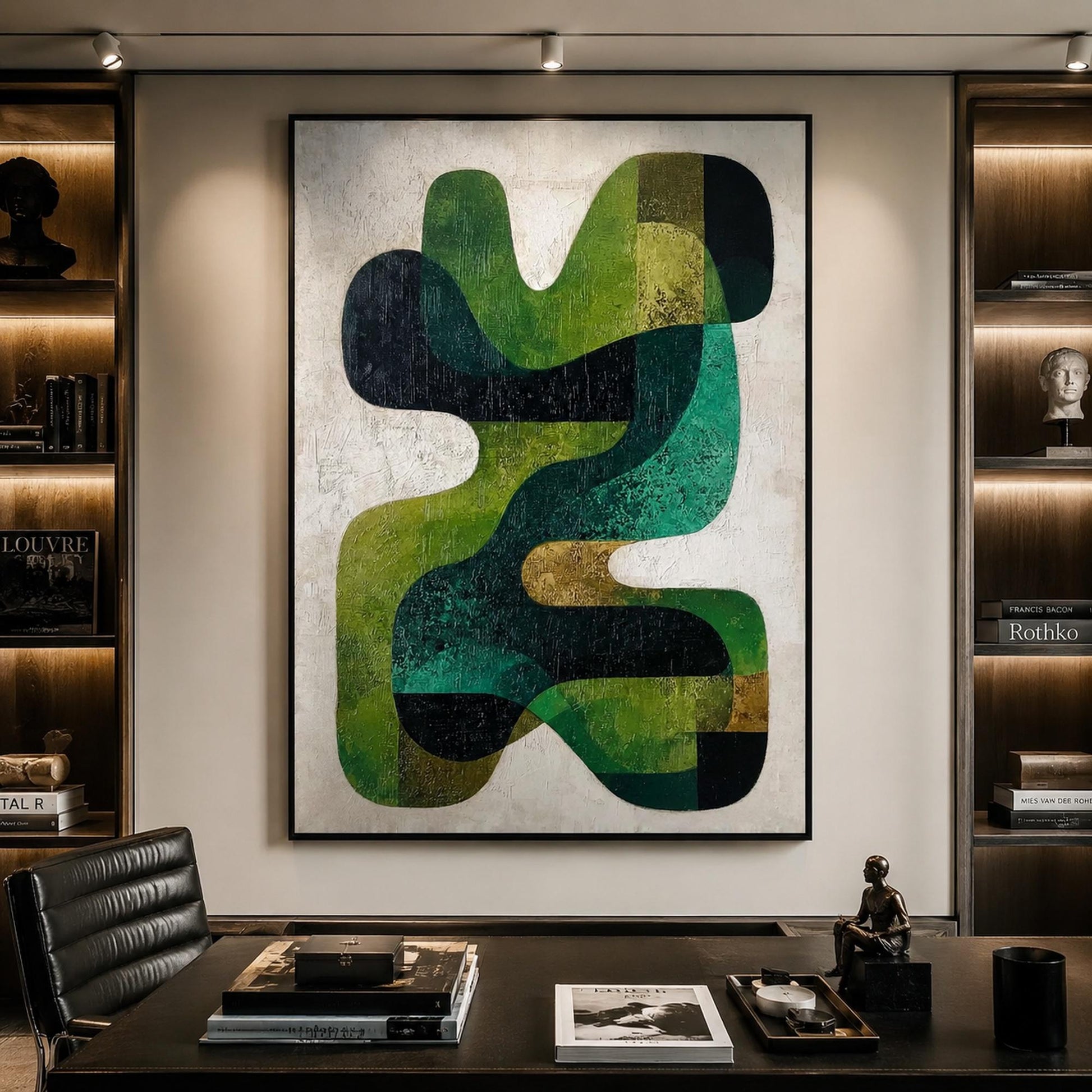 Mid Century Modern Green Geometric – Emerald and Sage Geometric Wall Art | Abstract Textured Hand-Painted Oil Painting, view 