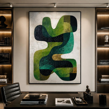 Mid Century Modern Green Geometric – Emerald and Sage Geometric Wall Art | Abstract Textured Hand-Painted Oil Painting, view 