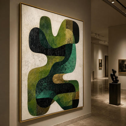 Mid Century Modern Green Geometric – Emerald and Sage Geometric Wall Art | Abstract Textured Hand-Painted Oil Painting, view 