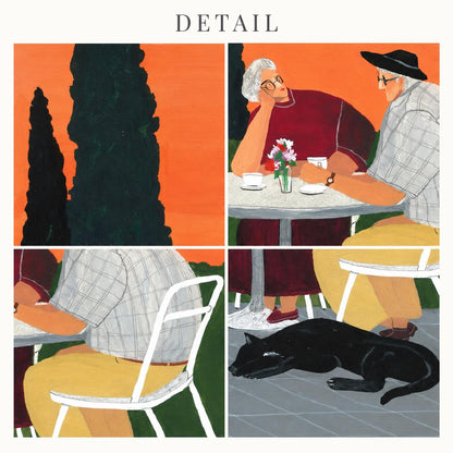 May include: A four-panel illustration titled DETAIL featuring an orange background, dark green cypress trees, and two people sitting at a table with a vase of flowers. A black dog sleeps on the ground below the table, which is set on a tiled patio.