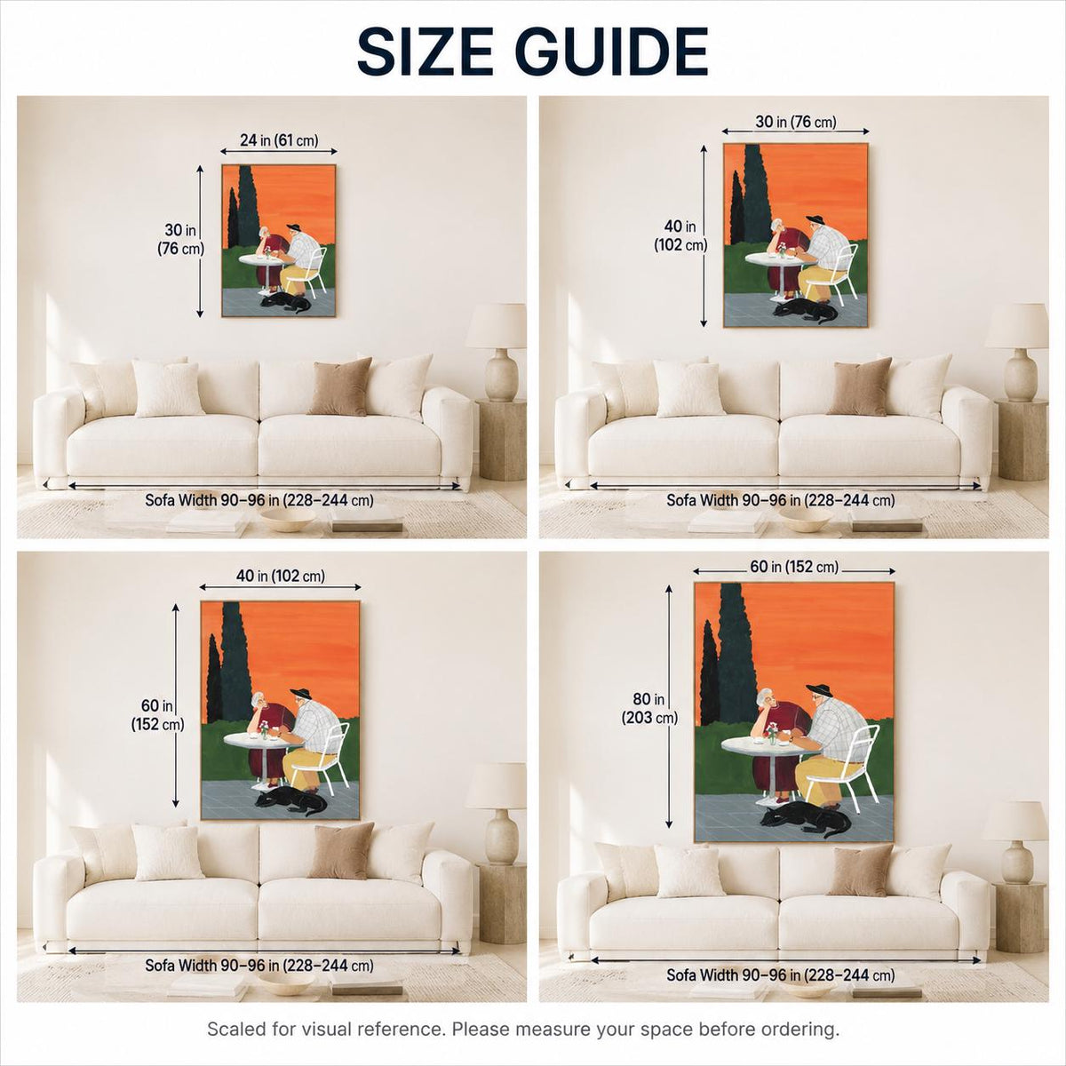 May include: A size guide for wall art featuring four panels showing a painting of two people at a table with a dog. Dimensions range from 24 by 30 inches to 60 by 80 inches, with sofa width references of 90 to 96 inches for visual scale.