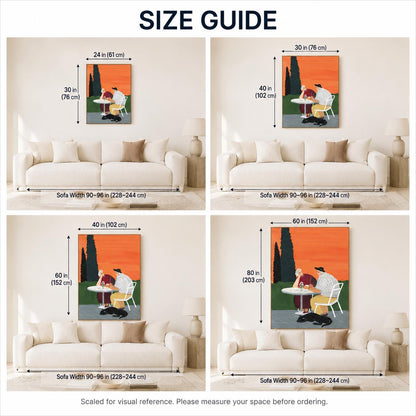 May include: A size guide for wall art featuring four panels showing a painting of two people at a table with a dog. Dimensions range from 24 by 30 inches to 60 by 80 inches, with sofa width references of 90 to 96 inches for visual scale.