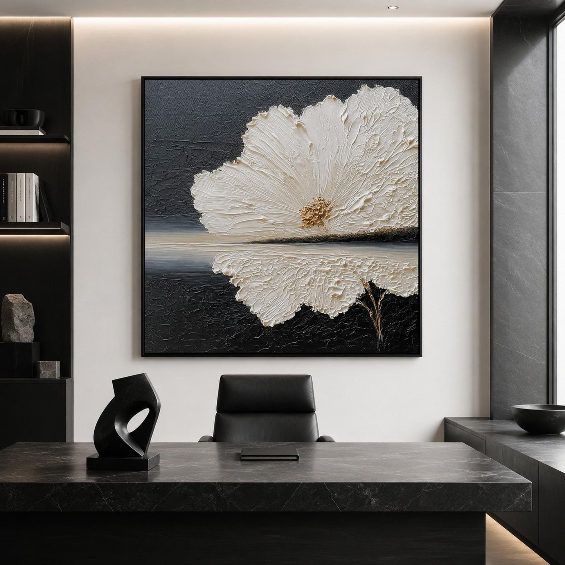 White Flower Black Background Painting Gold Center Thick Impasto Canvas Art – Gold and Black Floral Wall Art | Minimalist Imp