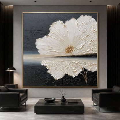 White Flower Black Background Gold Center Impasto Floral Wall Art