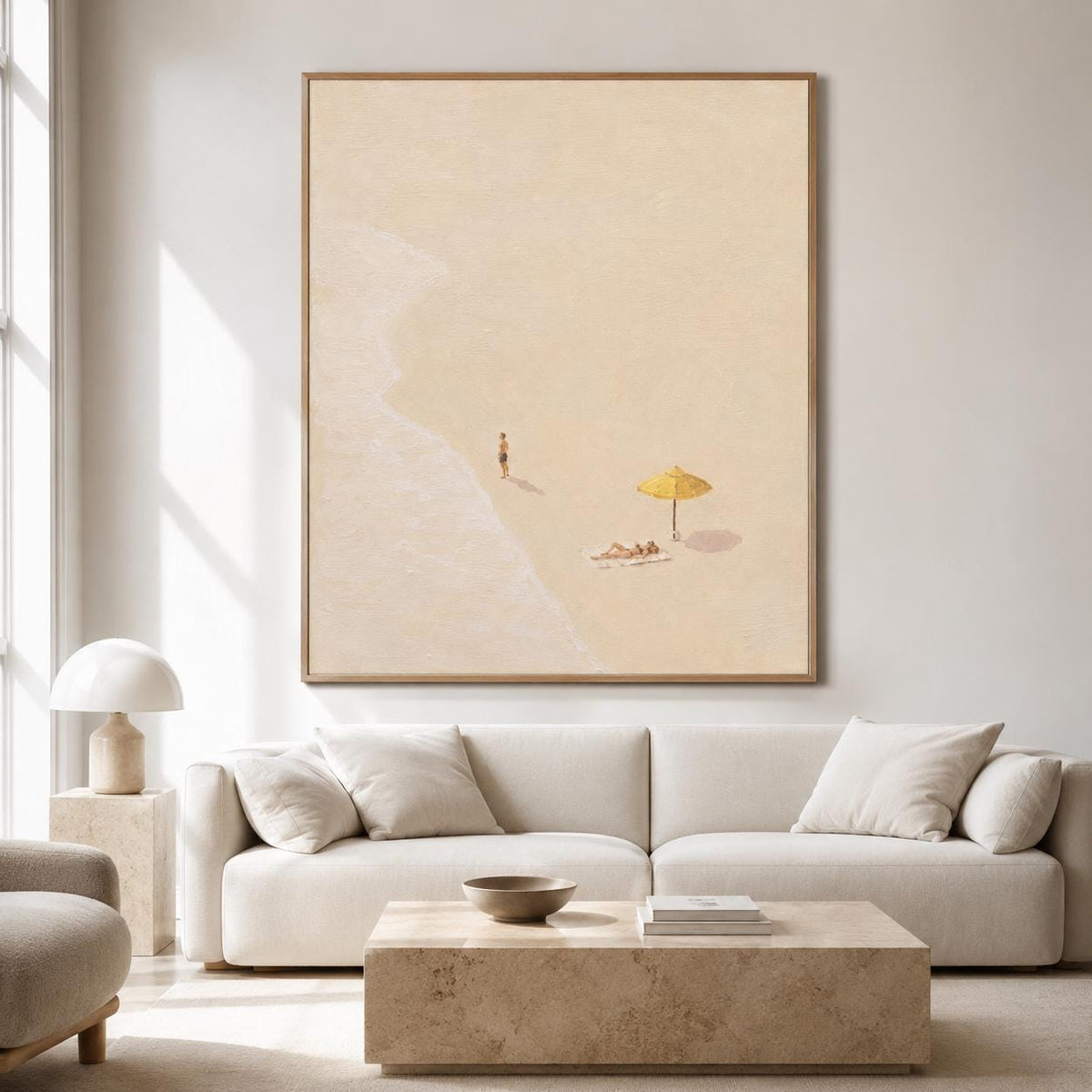 Beach Umbrella Wall Art Neutral Minimalist Coastal Canvas Painting for Modern Living Room Decor