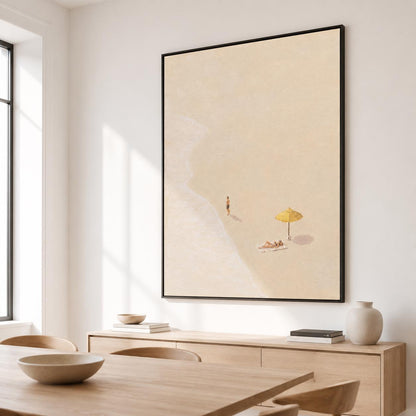 Beach Umbrella Wall Art Neutral Minimalist Coastal Canvas Painting for Modern Living Room Decor