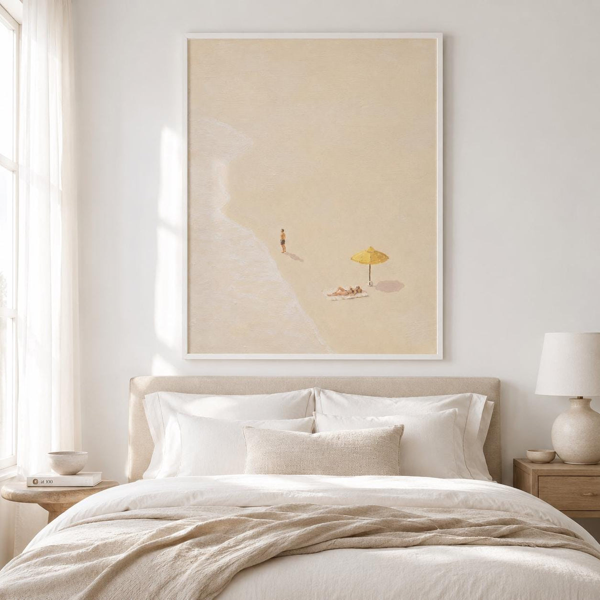 Beach Umbrella Wall Art Neutral Minimalist Coastal Canvas Painting for Modern Living Room Decor