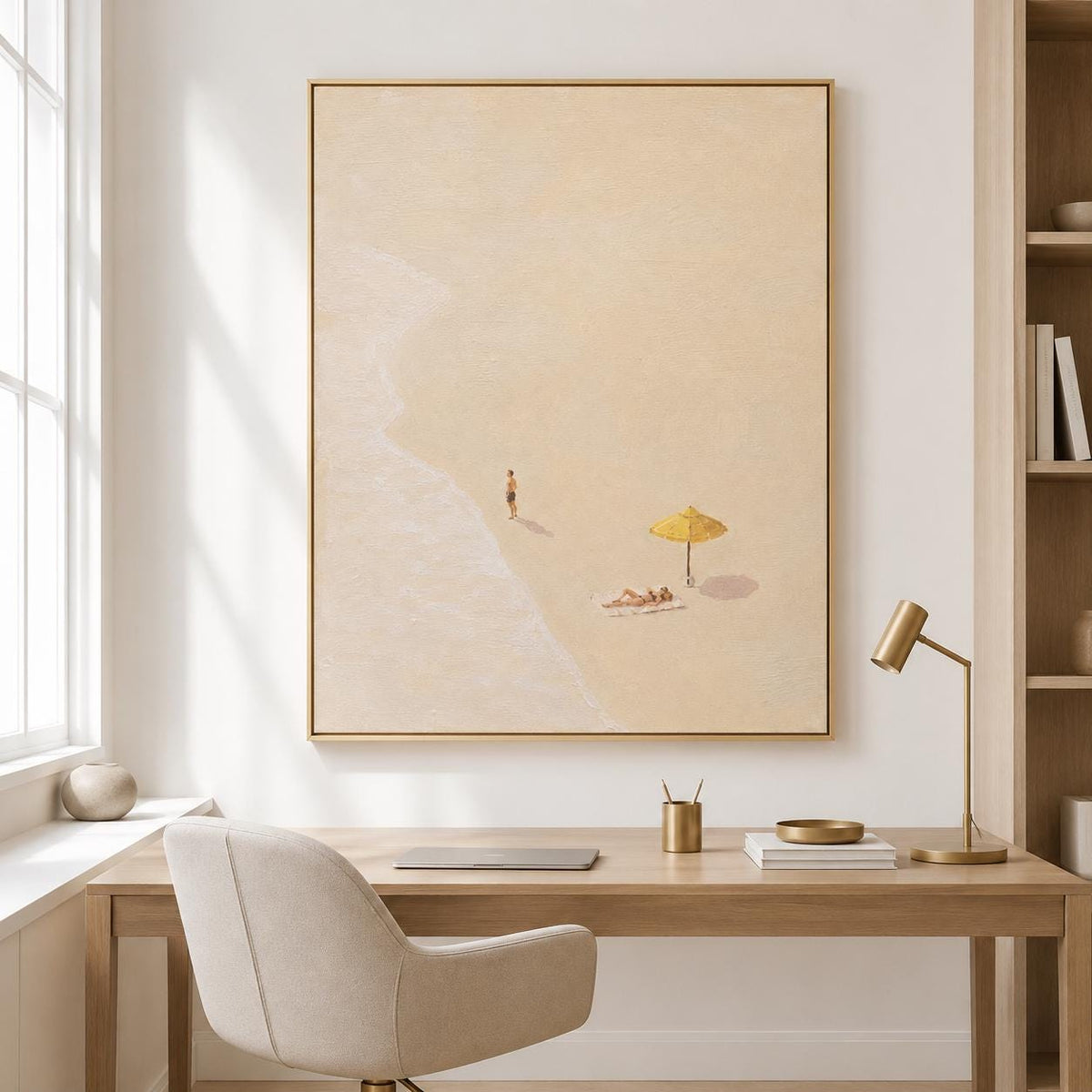 Beach Umbrella Wall Art Neutral Minimalist Coastal Canvas Painting for Modern Living Room Decor