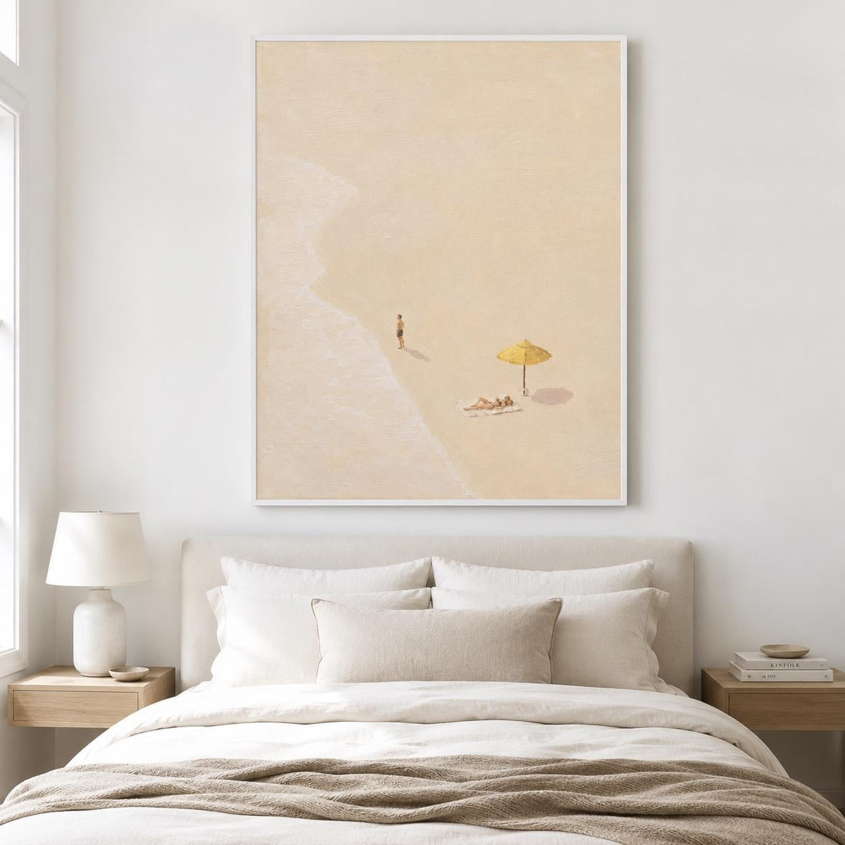 Beach Umbrella Wall Art Neutral Minimalist Coastal Canvas Painting for Modern Living Room Decor
