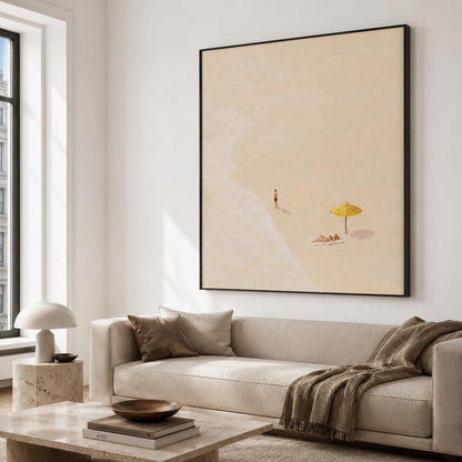 Beach Umbrella Wall Art Neutral Minimalist Coastal Canvas Painting for Modern Living Room Decor