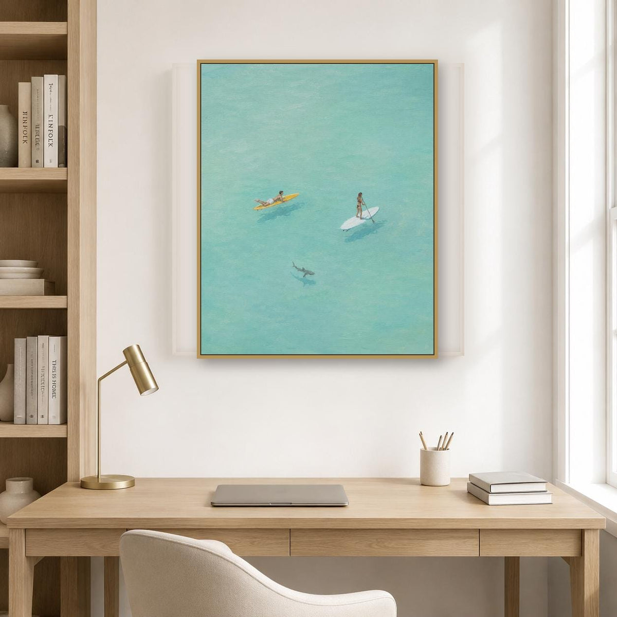Paddle Board Wall Art Turquoise Ocean Surfer Canvas Painting for Modern Living Room Decor