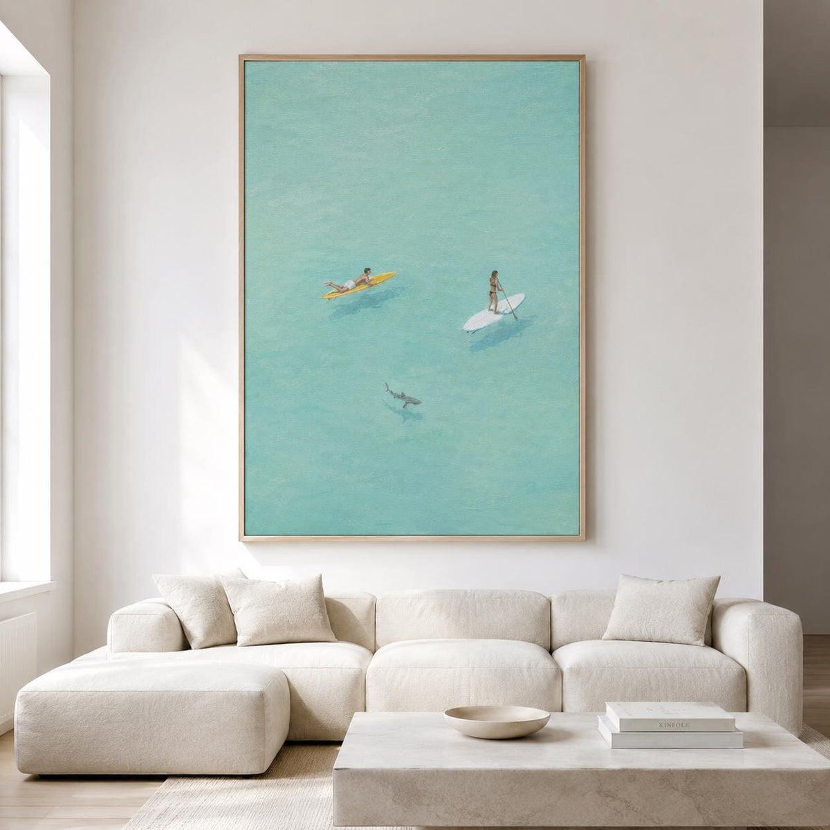 Paddle Board Wall Art Turquoise Ocean Surfer Canvas Painting for Modern Living Room Decor