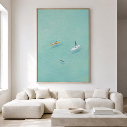 Paddle Board Wall Art Turquoise Ocean Surfer Canvas Painting for Modern Living Room Decor