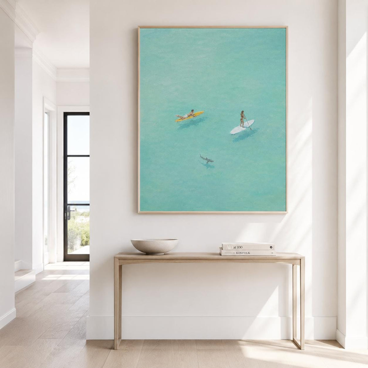 Paddle Board Wall Art Turquoise Ocean Surfer Canvas Painting for Modern Living Room Decor