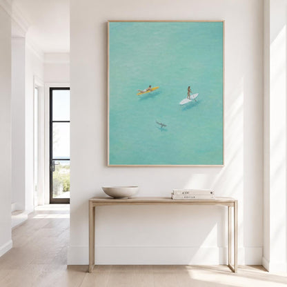 Paddle Board Wall Art Turquoise Ocean Surfer Canvas Painting for Modern Living Room Decor