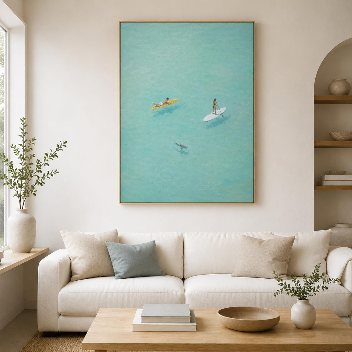 Paddle Board Wall Art Turquoise Ocean Surfer Canvas Painting for Modern Living Room Decor
