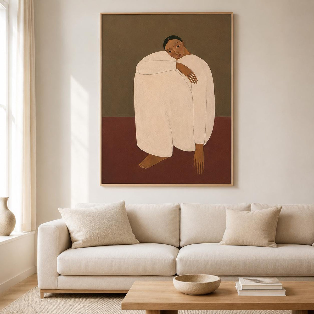 Woman Portrait Wall Art Brown Minimalist Figurative Canvas Painting for Modern Bedroom Decor