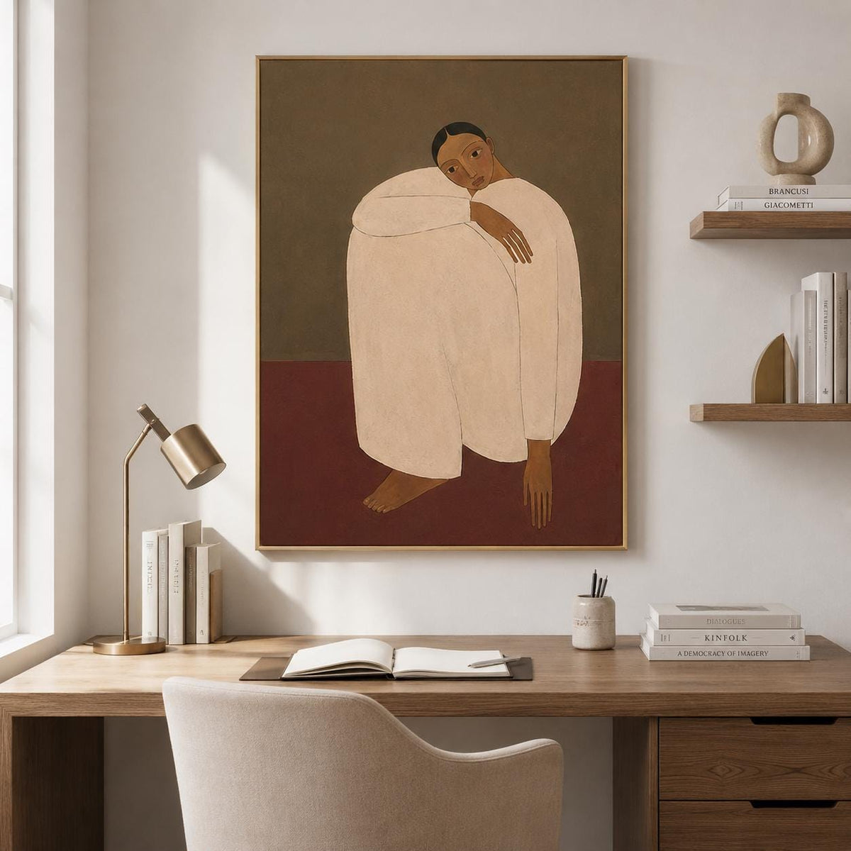 Woman Portrait Wall Art Brown Minimalist Figurative Canvas Painting for Modern Bedroom Decor