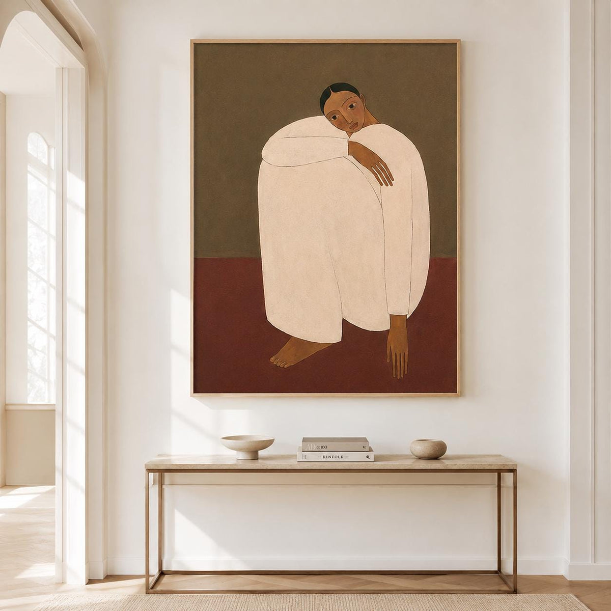 Woman Portrait Wall Art Brown Minimalist Figurative Canvas Painting for Modern Bedroom Decor