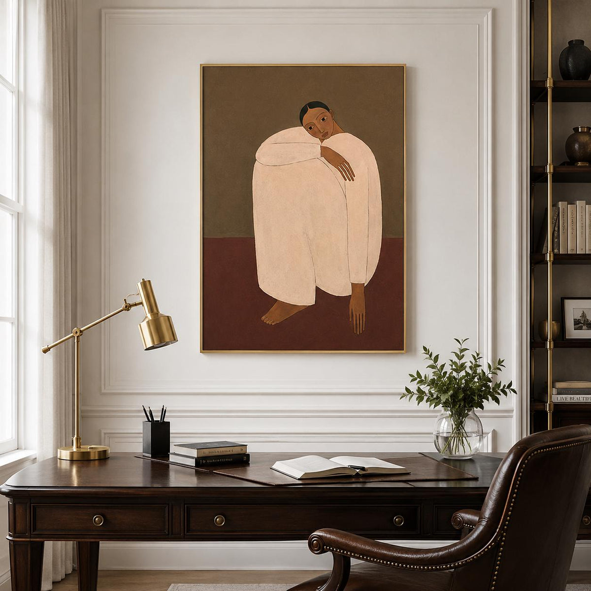 Woman Portrait Wall Art Brown Minimalist Figurative Canvas Painting for Modern Bedroom Decor