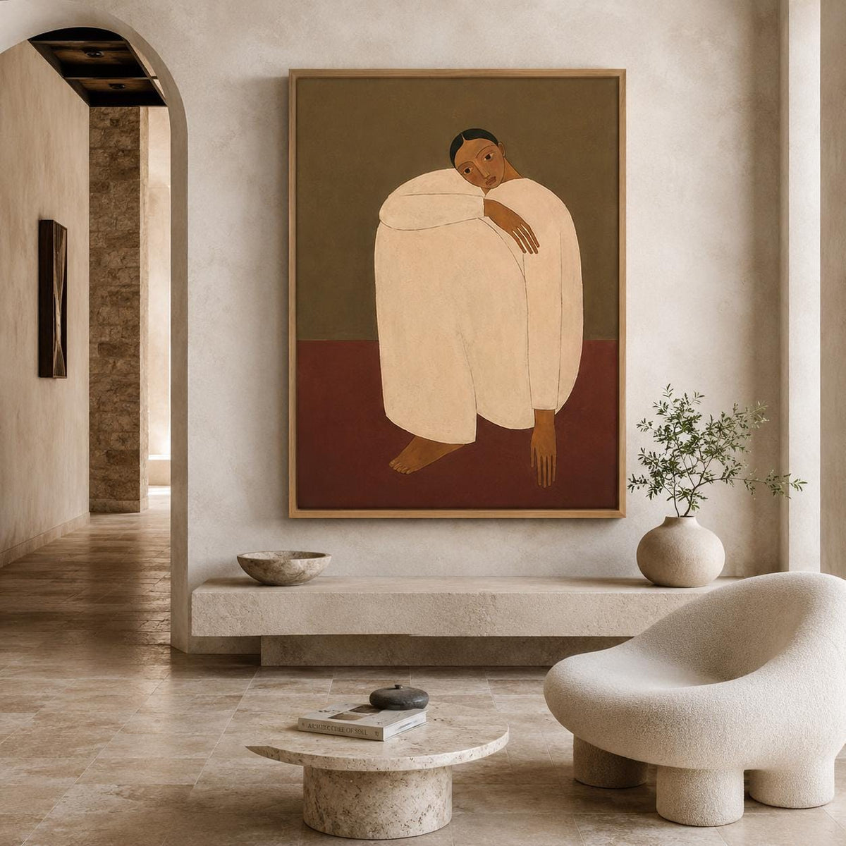 Woman Portrait Wall Art Brown Minimalist Figurative Canvas Painting for Modern Bedroom Decor