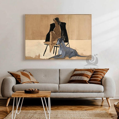 May include: A rectangular wall art print featuring a stylized painting of a seated figure in a black garment next to a grey dog. The artwork uses a neutral color palette of beige, tan, and cream tones, with bold black lines defining the subjects.