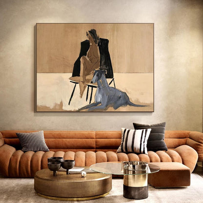 May include: A rectangular wall art print featuring a stylized painting of a seated figure in a black coat and a grey dog resting on the floor. The artwork uses a neutral color palette of beige, tan, black, and grey with visible brushstroke textures.