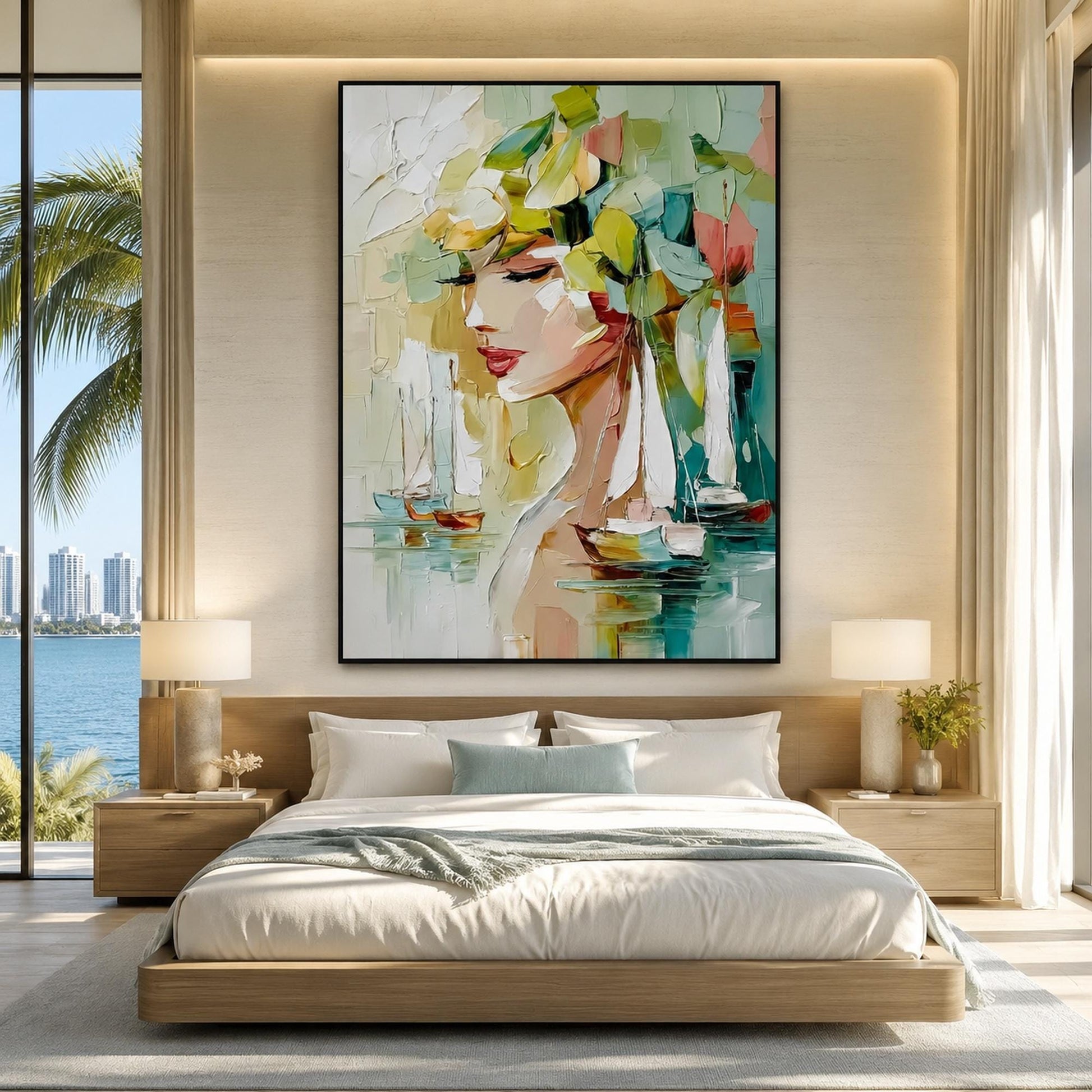 Woman Leaf Portrait Painting Sailboat – Turquoise and Sage Sailboat Abstract Wall Art | Impasto Oil Painting, view 3