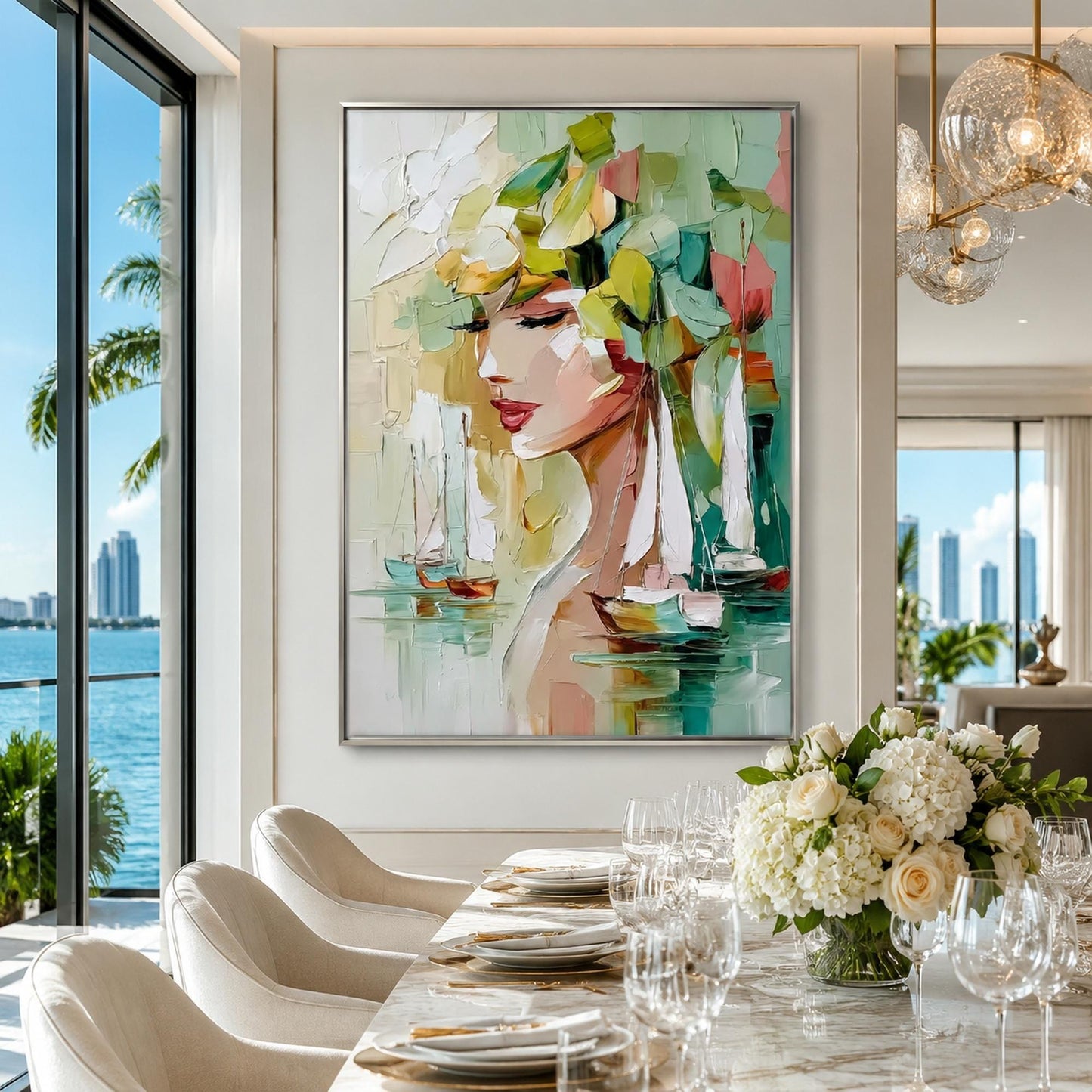 Turquoise and Sage Contemporary Impasto Sailboat Abstract Wall Art