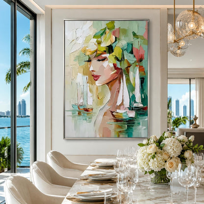 Turquoise and Sage Contemporary Impasto Sailboat Abstract Wall Art