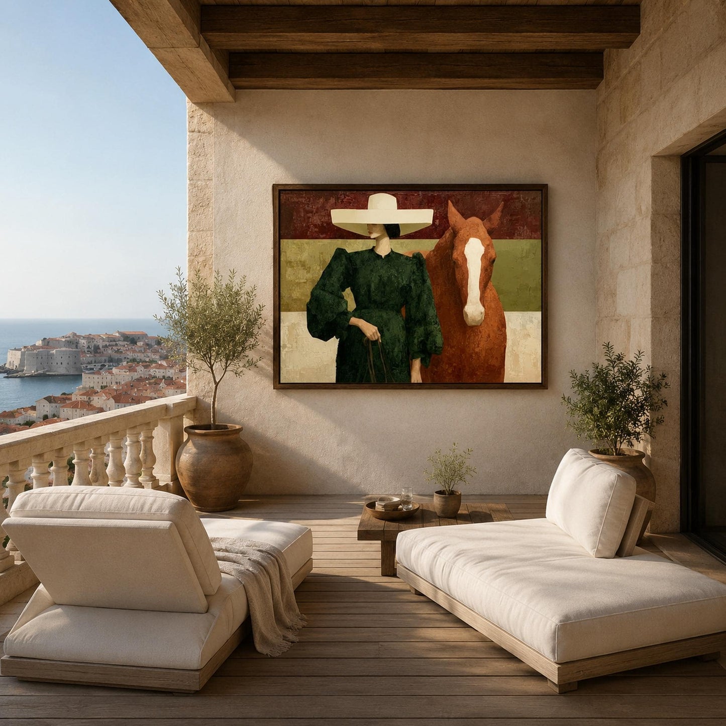 Equestrian Woman and Horse Animal Wall Art – Emerald Green Fashion Portrait Painting